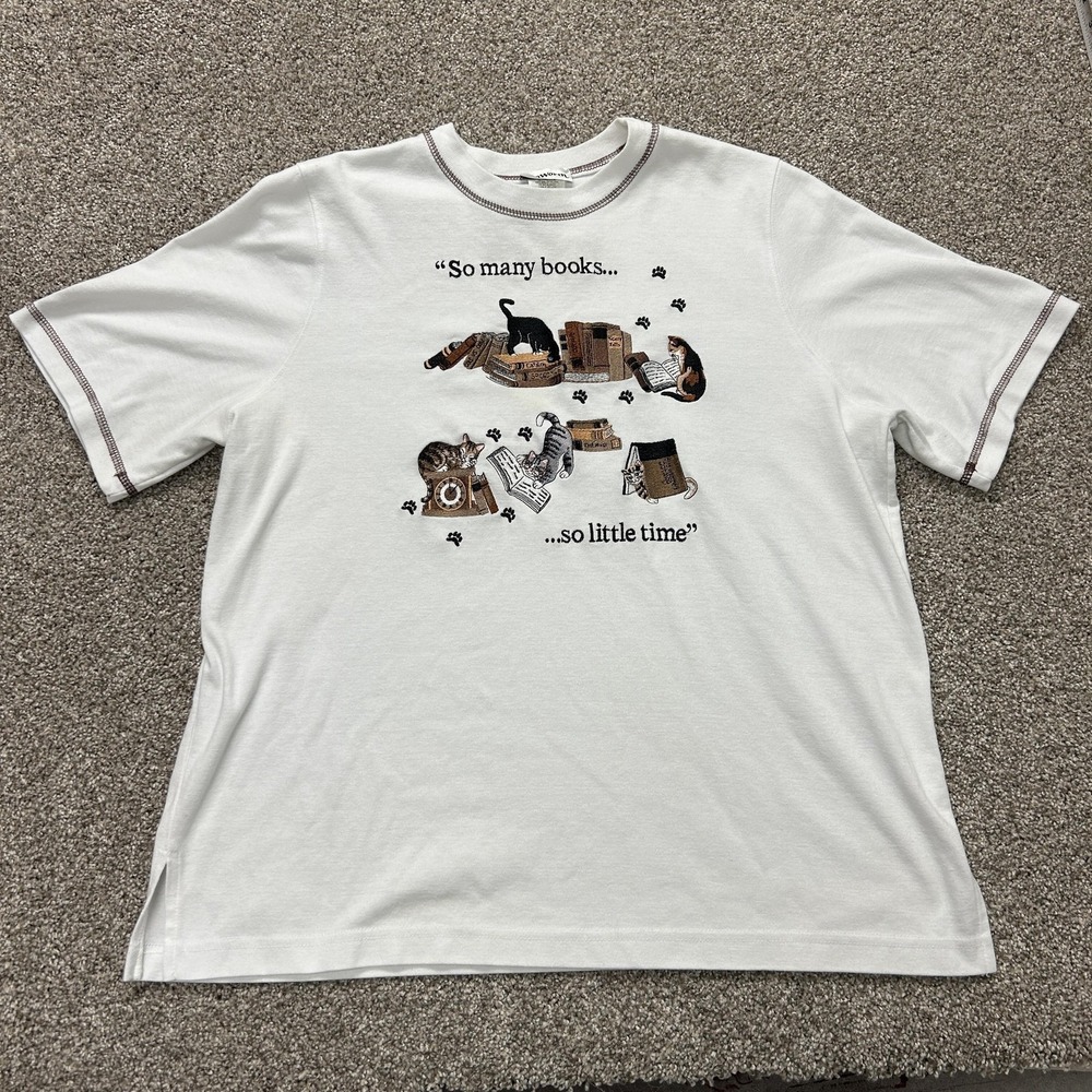 Vintage BonWorth Shirt Womens XL White Cat Books Reading Embroidered Tee Top